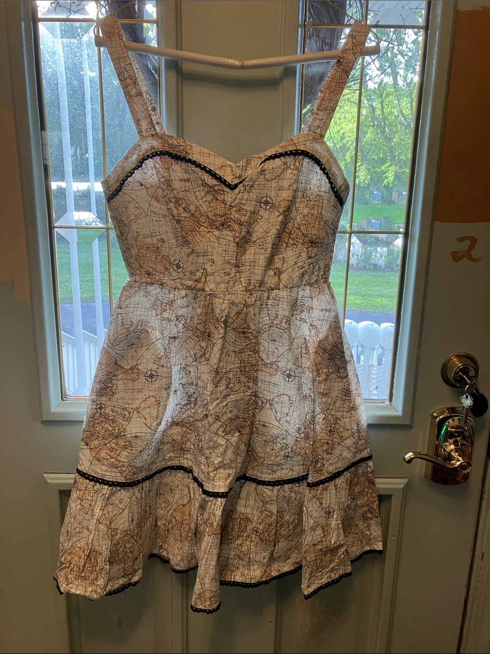 Map-Print Sundress with Black Trim - White/Tan